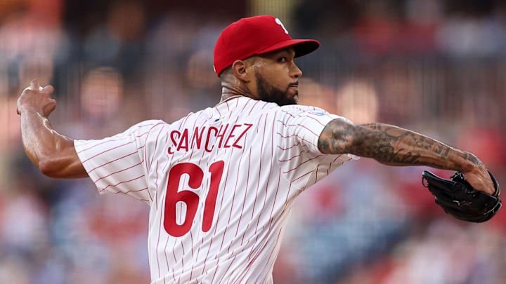 Jul 2, 2025; Philadelphia, Pennsylvania, USA; Philadelphia Phillies pitcher Cristopher Sánchez (61) throws a pitch against the San Diego Padres during the fourth inning at Citizens Bank Park.