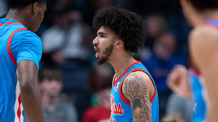 Mississippi guard Patton Pinkins (23) celebrates after a basket against Arkansas during their semifinal game of the 2026 SEC Men’s Basketball Tournament at Bridgestone Arena in Nashville, Tenn., Saturday, March 14, 2026.