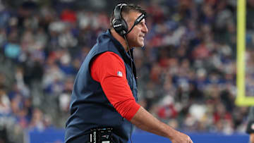 Aug 21, 2025; East Rutherford, New Jersey, USA; New England Patriots head coach Mike Vrabel reacts during the first half against the New York Giants at MetLife Stadium. Mandatory Credit: Vincent Carchietta-Imagn Images