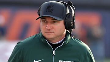 Nov 16, 2024; Champaign, Illinois, USA;  Michigan State Spartans head coach Jonathan Smith during the first half against the Illinois Fighting Illini  at Memorial Stadium. Mandatory Credit: Ron Johnson-Imagn Images