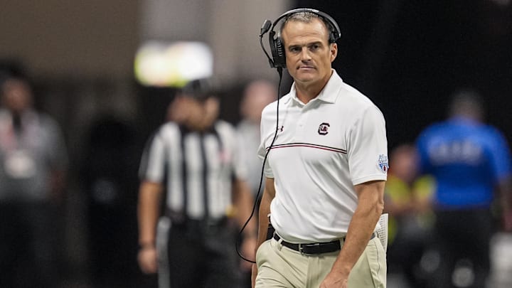 Aug 31, 2025; Atlanta, Georgia, USA; South Carolina Gamecocks head coach Shane Beamer on the sidelines against the Virginia Tech Hokies during the first half at Mercedes-Benz Stadium. Mandatory Credit: Dale Zanine-Imagn Images