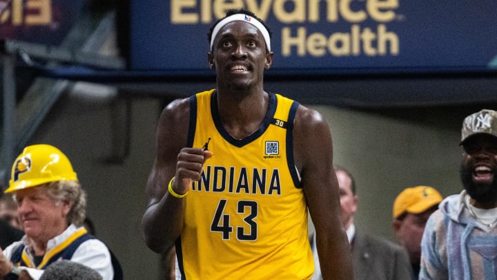 Apr 28, 2024; Indianapolis, Indiana, USA; Indiana Pacers forward Pascal Siakam (43) celebrates a made basket during game four of the first round for the 2024 NBA playoffs against the Milwaukee Bucks at Gainbridge Fieldhouse. Mandatory Credit: Trevor Ruszkowski-USA TODAY Sports