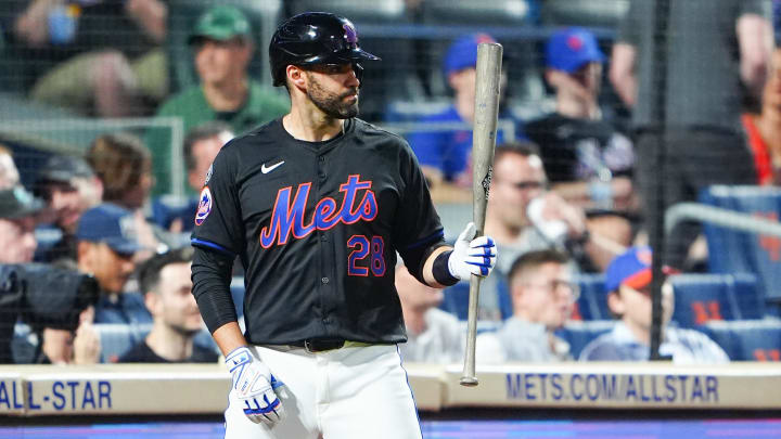 Jun 14, 2024; New York City, New York, USA;  New York Mets designated hitter JD Martinez (28) on deck during the first inning against the San Diego Padres at Citi Field. Mandatory Credit: Gregory Fisher-USA TODAY Sports