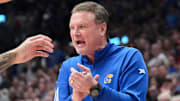Kansas Jayhawks head coach Bill Self celebrates against the Oklahoma State Cowboys at Allen Fieldhouse. 