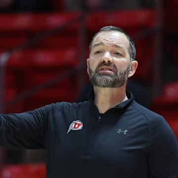 Utah Runnin' Utes head coach Alex Jensen on the sideline against the San Jose State Spartans during the first half at Jon M. Huntsman Center.