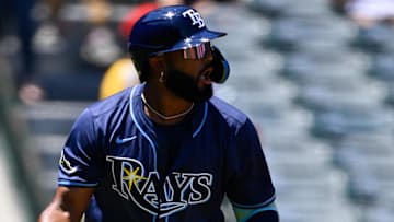 Tampa Bay Rays third baseman Junior Caminero (13) looks up after hitting a two-run home run during the first inning against the Los Angeles Angels at Angel Stadium of Anaheim. 
