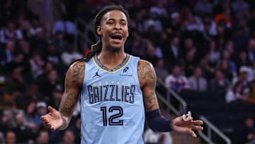 Nov 11, 2025; New York, New York, USA;  Memphis Grizzlies guard Ja Morant (12) reacts after getting called for a foul in the second quarter against the New York Knicks at Madison Square Garden. Mandatory Credit: Wendell Cruz-Imagn Images