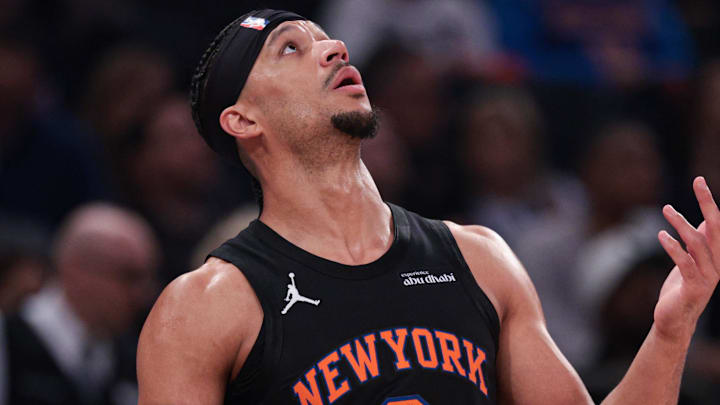 Apr 10, 2026; New York, New York, USA; New York Knicks guard Josh Hart (3) reacts during the first quarter against the Toronto Raptors at Madison Square Garden. Mandatory Credit: Vincent Carchietta-Imagn Images 