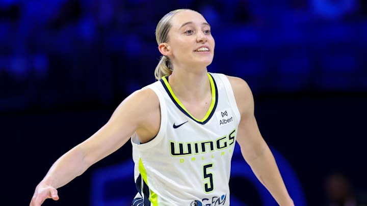 Jul 3, 2025; Arlington, Texas, USA; Dallas Wings guard Paige Bueckers (5) reacts against the Phoenix Mercury during the first half at College Park Center. Mandatory Credit: Kevin Jairaj-Imagn Images Jul 3, 2025; Arlington, Texas, USA; Dallas Wings guard Paige Bueckers (5) reacts against the Phoenix Mercury during the first half at College Park Center. Mandatory Credit: Kevin Jairaj-Imagn Images