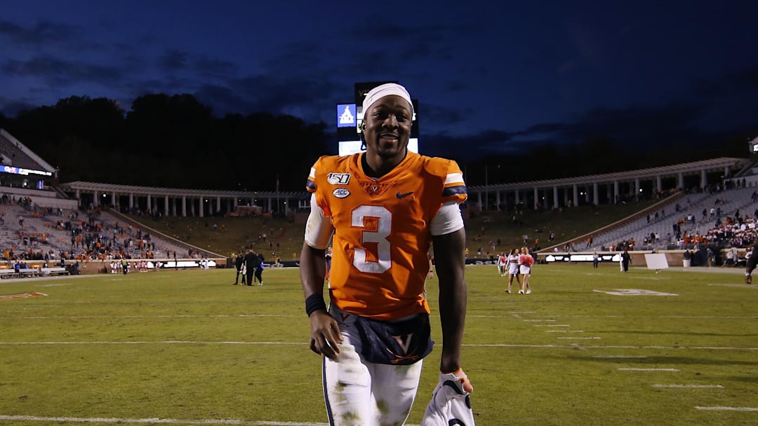 Oct 19, 2019; Charlottesville, VA, USA; Virginia Cavaliers quarterback Bryce Perkins (3) leaves the field after the Cavaliers  game against the Duke Blue Devils at Scott Stadium. Mandatory Credit: Geoff Burke-Imagn Images