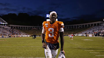 Oct 19, 2019; Charlottesville, VA, USA; Virginia Cavaliers quarterback Bryce Perkins (3) leaves the field after the Cavaliers  game against the Duke Blue Devils at Scott Stadium. Mandatory Credit: Geoff Burke-Imagn Images
