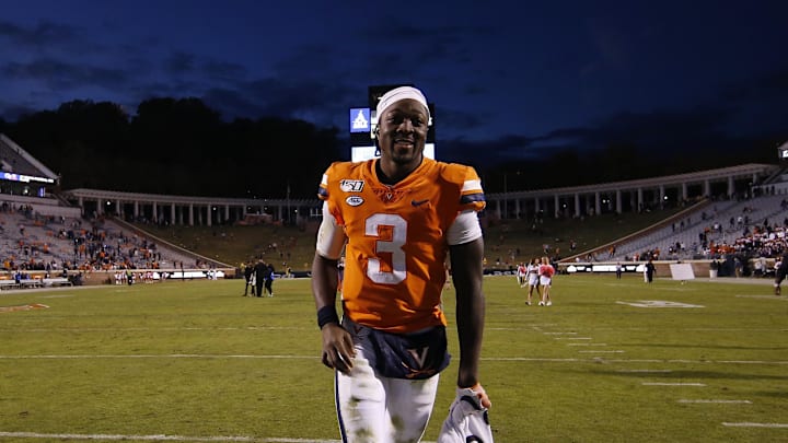 Oct 19, 2019; Charlottesville, VA, USA; Virginia Cavaliers quarterback Bryce Perkins (3) leaves the field after the Cavaliers  game against the Duke Blue Devils at Scott Stadium. Mandatory Credit: Geoff Burke-Imagn Images