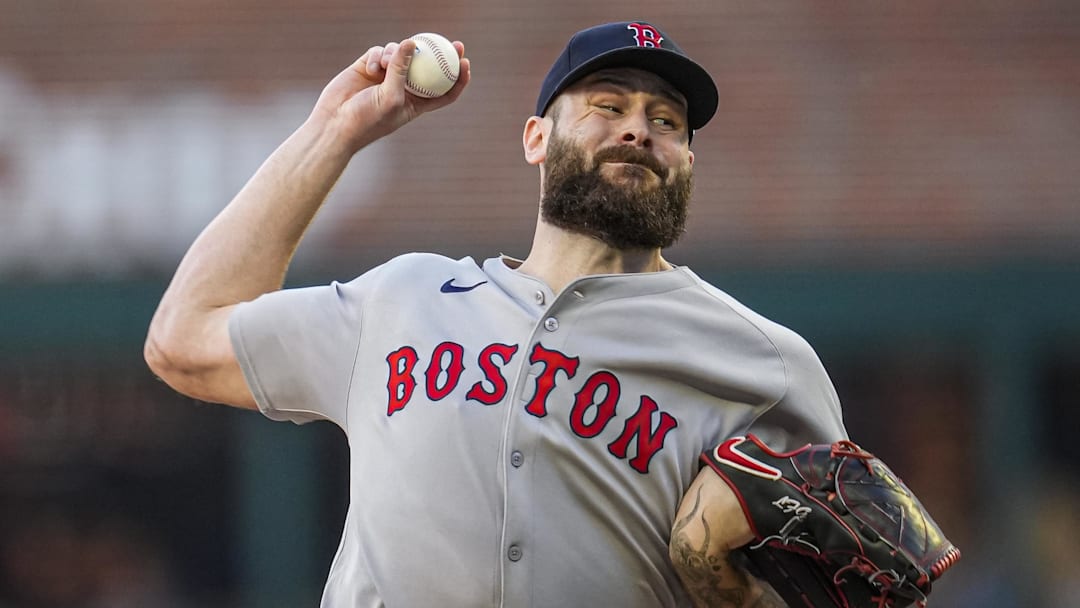 May 30, 2025; Cumberland, Georgia, USA; Boston Red Sox starting pitcher Lucas Giolito (54) pitches against the Atlanta Braves during the first inning at Truist Park. Mandatory Credit: Dale Zanine-Imagn Images