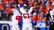 Oct 19, 2025; Denver, Colorado, USA; New York Giants linebacker Abdul Carter (51) reacts after a play against the Denver Broncos during the second half at Empower Field at Mile High.  