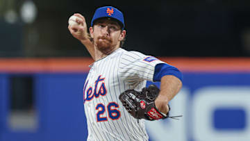 Aug 27, 2025; New York City, New York, USA; New York Mets starting pitcher Nolan McLean (26) delivers a pitch during the third inning against the Philadelphia Phillies at Citi Field. Mandatory Credit: Vincent Carchietta-Imagn Images