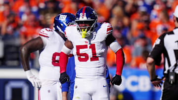 Oct 19, 2025; Denver, Colorado, USA; New York Giants linebacker Abdul Carter (51) reacts after a play against the Denver Broncos during the second half at Empower Field at Mile High.  