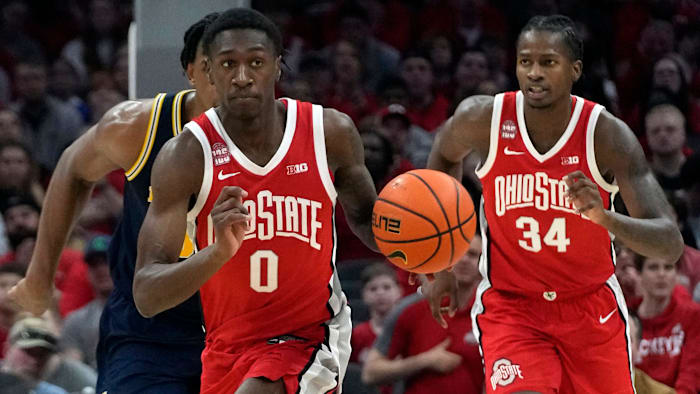 Mar 3, 2024; Columbus, OH, USA; Ohio State Buckeyes guard Scotty Middleton (0) dribbles the ball