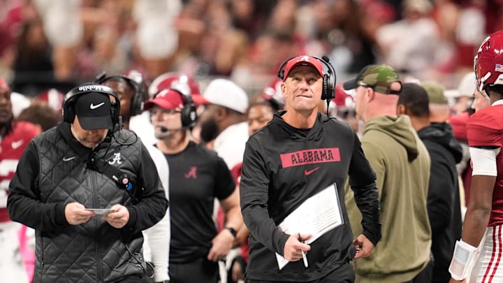 Dec 6, 2025; Atlanta, GA, USA; Alabama Crimson Tide head coach Kalen Deboer looks on during the second quarter against the Georgia Bulldogs during the 2025 SEC Championship game at Mercedes-Benz Stadium. Mandatory Credit: Dale Zanine-Imagn Images