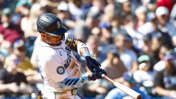 Seattle Mariners center fielder Julio Rodriguez (44) hits a two-run home run against the Tampa Bay Rays during the fifth inning at T-Mobile Park on Aug 28.