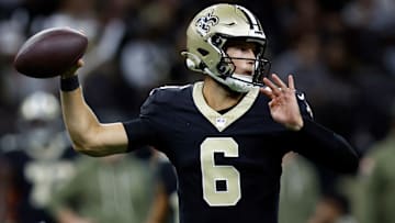 New Orleans Saints QB Tyler Shough (6) looks to throw during a game against the Tampa Bay Buccaneers on Oct. 26, 2025.