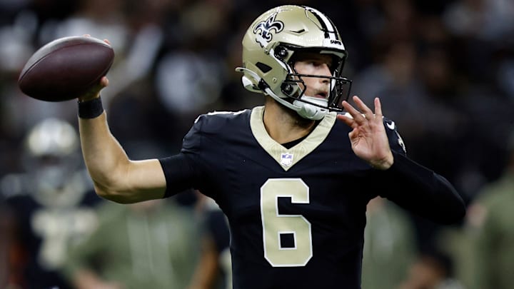New Orleans Saints QB Tyler Shough (6) looks to throw during a game against the Tampa Bay Buccaneers on Oct. 26, 2025.