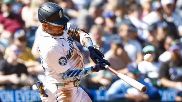 Seattle Mariners center fielder Julio Rodriguez (44) hits a two-run home run against the Tampa Bay Rays during the fifth inning at T-Mobile Park on Aug 29.