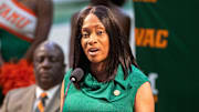 FAMU Athletic Director Angela Suggs speaks during a press conference introducing Heisman trophy winner and former NBA player Charlie Ward as the new head basketball coach for FAMU at the Al Lawson Multipurpose Center Monday, April 21, 2025.