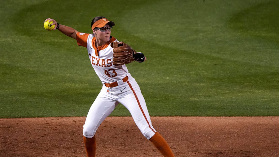 Texas Longhorns infielder Leighann Goode (43) throws theball toe first during the game against Tennessee at Red & Charline McCombs Field on Friday, April 11, 2025 in Austin.