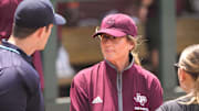 Texas A&M head coach Trisha Ford talks to officials ahead of the NCAA D1 Softball Tournament Regional against Saint Francis University at Davis Diamond at Texas A&M University on Friday, May 16, 2025 in College Station, Texas.