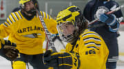 Hartland's Adam Pietila celebrates one of his two goals in a 5-1 victory over Livonia Stevenson on Saturday, Feb. 20, 2021, at Hartland Sports Center in Livingston County, Mich. 