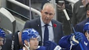 Nov 3, 2025; Toronto, Ontario, CAN; Toronto Maple Leafs head coach Craig Berube during a break against the Pittsburgh Penguins during the first period at Scotiabank Arena. Mandatory Credit: John E. Sokolowski-Imagn Images