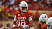 Texas Longhorns quarterback Arch Manning (16) lines up for a snap during the game against UTSA at Darrell K Royal-Texas Memorial Stadium in Austin on Saturday, Sept. 14, 2024.