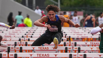 Lago Vista athlete Swayde Griffin competes in the 110-meter hurdles on the final day of the 96th annual Clyde Littlefield Texas Relays at Mike A. Meyers Stadium on Saturday, March 30, 2024 in Austin.