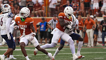 Texas Longhorns receiver Johntay Cook II (1) runs the ball in for a touchdown during the game against UTSA at Darrell K Royal-Texas Memorial Stadium in Austin Saturday, Sept. 14, 2024.