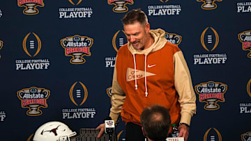 Texas Longhorns defensive coordinator Pete Kwiatkowski sits own to speak to media at the Sheraton Hotel on Thursday, Dec. 28, 2023 in New Orleans, Louisiana. The Texas Longhorns will face the Washington Huskies in the Sugar Bowl on January 1, 2024.