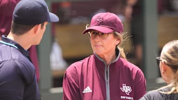 Texas A&M head coach Trisha Ford talks to officials ahead of the NCAA D1 Softball Tournament Regional against Saint Francis University at Davis Diamond at Texas A&M University on Friday, May 16, 2025 in College Station, Texas.