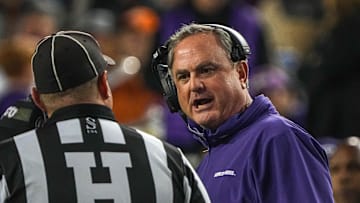 Nov 11, 2023; Fort Worth, Texas, USA; TCU Horned Frogs head coach Sonny Dykes argues with an official after a penalty flag on a play during the game against theTexas Longhorns at Amon G. Carter Stadium. Mandatory Credit: Aaron E. Martinez-Imagn Images