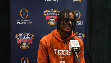 Texas Longhorns wide receiver Adonai Mitchell (5) speaks to media at the Sheraton Hotel on Friday, Dec. 29, 2023 in New Orleans, Louisiana. The Texas Longhorns will face the Washington Huskies in the Sugar Bowl on January 1, 2024.