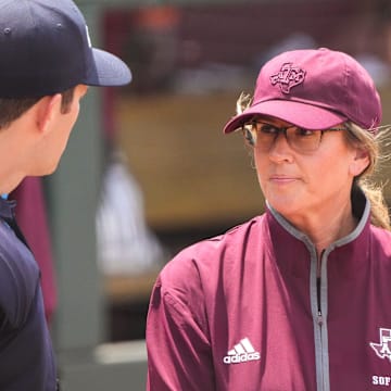 Texas A&M head coach Trisha Ford talks to officials ahead of the NCAA D1 Softball Tournament Regional against Saint Francis University at Davis Diamond at Texas A&M University on Friday, May 16, 2025 in College Station, Texas.