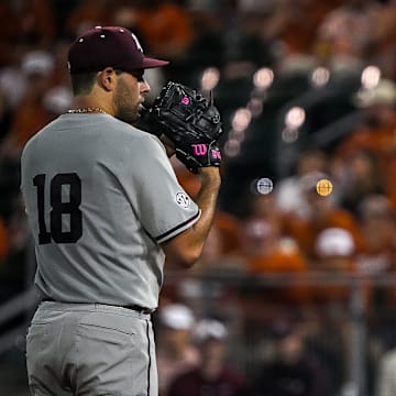 Texas A&M pitcher Ryan Prager (18) steps up to pitch during the Lone Star Showdown against Texas at UFCU Disch-Falk Field on Friday, April 25, 2025.