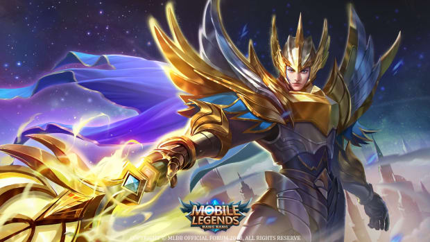 hero from Mobile Legends Bang Bang poses with a spear