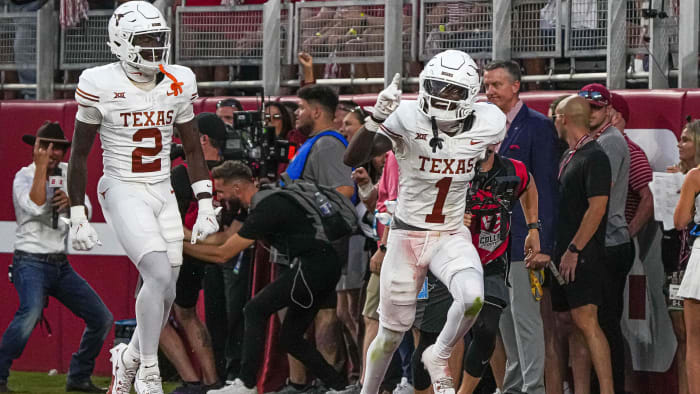 Sep. 9, 2023; Tuscaloosa, Alabama; Texas Longhorns wide receiver Xavier Worthy (1) celebrates a