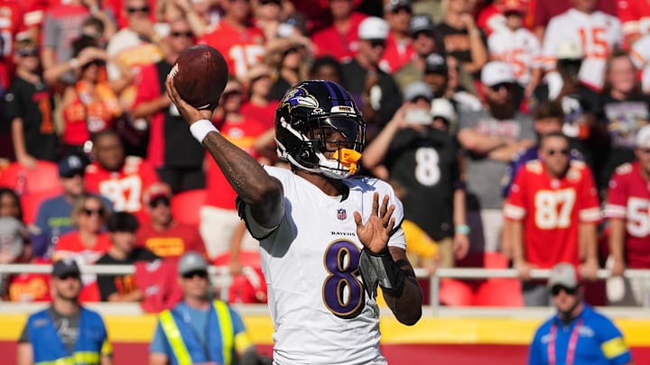 Sep 28, 2025; Kansas City, Missouri, USA; Baltimore Ravens quarterback Lamar Jackson (8) throws a pass during the second quarter against the Kansas City Chiefs at GEHA Field at Arrowhead Stadium. Mandatory Credit: Denny Medley-Imagn Images