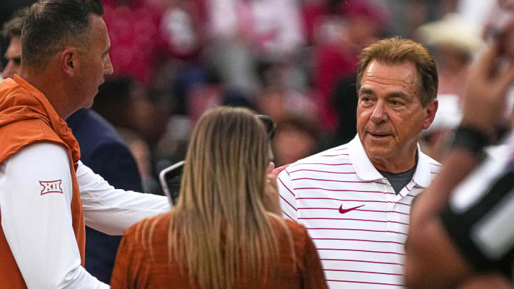 Alabama head coach Nick Saban talks to Texas Longhorns head coach Steve Sarkisian ahead of the game at Bryant-Denny Stadium on Saturday, Sep. 9, 2023 in Tuscaloosa, Alabama.