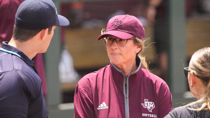 Texas A&M head coach Trisha Ford talks to officials ahead of the NCAA D1 Softball Tournament Regional against Saint Francis University at Davis Diamond at Texas A&M University on Friday, May 16, 2025 in College Station, Texas.