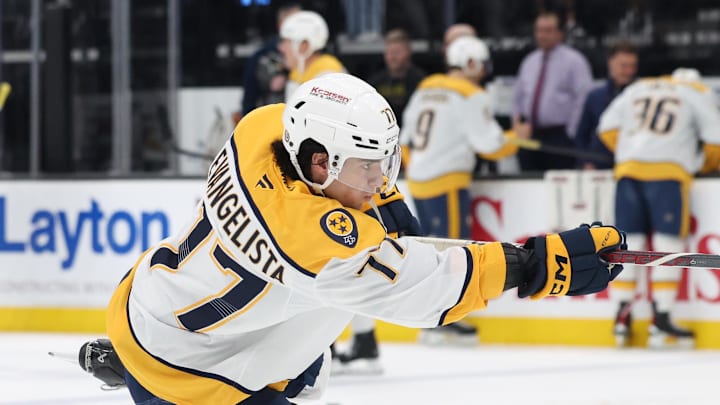 Apr 10, 2025; Salt Lake City, Utah, USA; Nashville Predators right wing Luke Evangelista warms up before a game against the Utah Hockey Club at Delta Center. Mandatory Credit: Rob Gray-Imagn Images