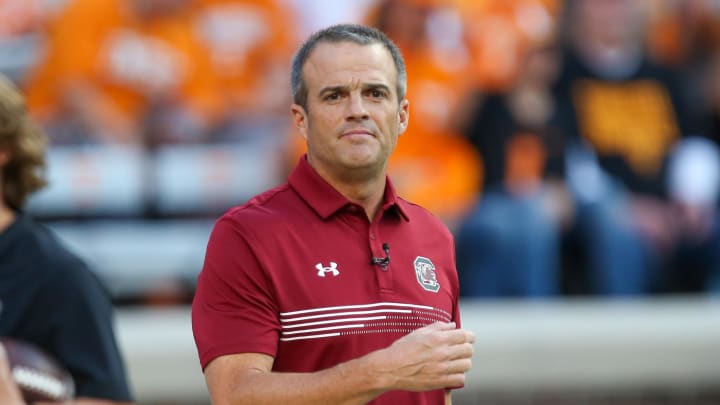 Sep 30, 2023; Knoxville, Tennessee, USA; South Carolina Gamecocks head coach Shane Beamer before the game against the Tennessee Volunteers at Neyland Stadium. Mandatory Credit: Randy Sartin-USA TODAY Sports