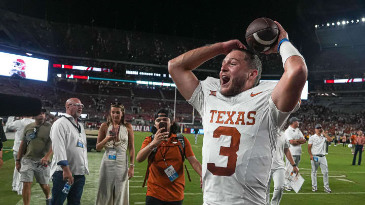 Sep. 9, 2023; Tuscaloosa, Alabama; Texas Longhorns quarterback Quinn Ewers (3) celebrates the 34-24 win over Alabama at Bryant-Denny Stadium on Saturday, Sep. 9, 2023 in Tuscaloosa, Alabama. Mandatory Credit: Aaron E. Martinez-USA TODAY NETWORK