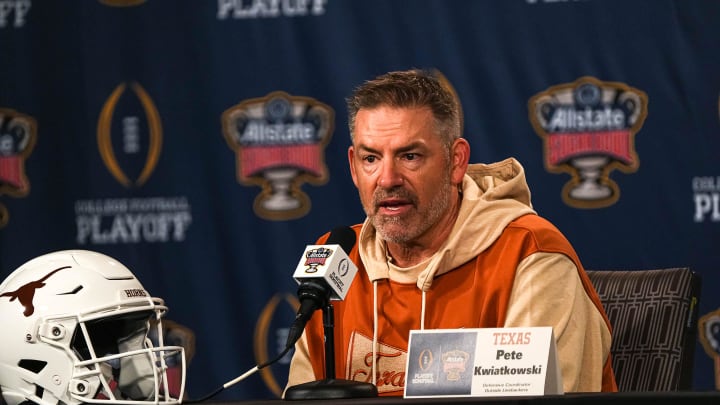 Texas Longhorns defensive coordinator Pete Kwiatkowski speaks to media at the Sheraton Hotel on Thursday, Dec. 28, 2023 in New Orleans, Louisiana. The Texas Longhorns will face the Washington Huskies in the Sugar Bowl on January 1, 2024.