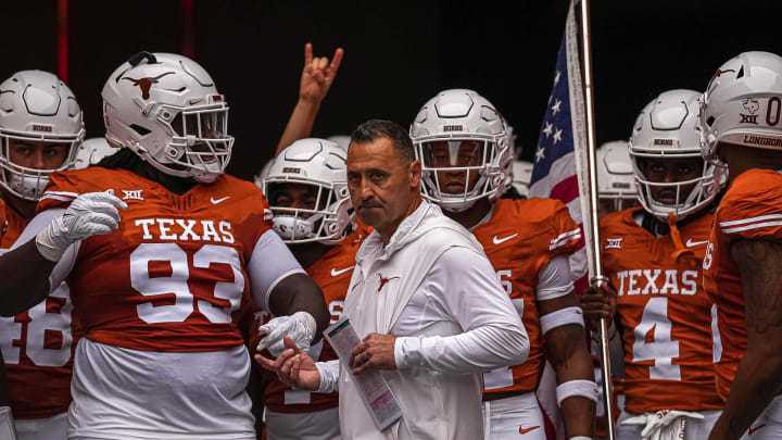 Texas Longhorns head coach Steve Sarkisian prepares to lead his team onto the field for the game against Kansas State at Royal-Memorial Stadium on Saturday, Nov. 4, 2023 in Austin.